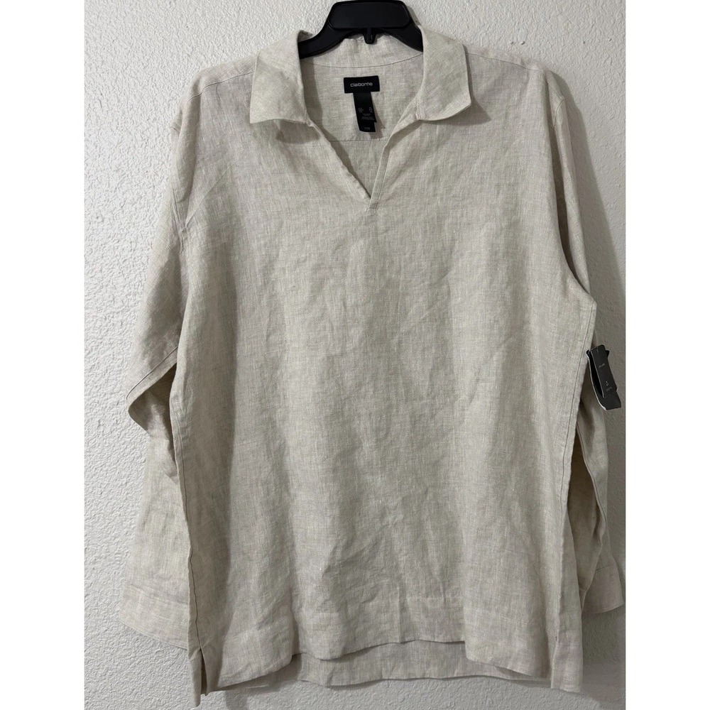 Claiborne XL Womens Longsleeve Shirt 100% Linen Lagenlook Minimal Beach Boho